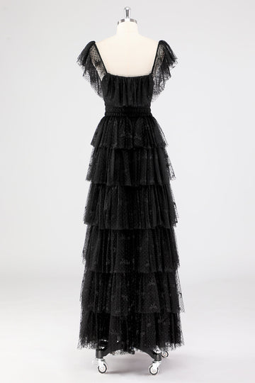 Robe formelle à plusieurs niveaux à col carré noir A Line